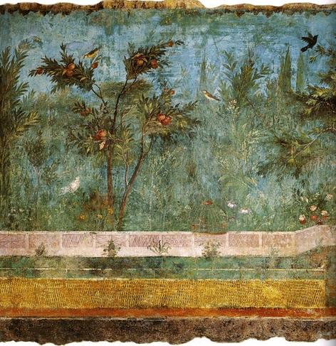 Image description: Detail from the garden fresco from Livia’s villa. This section shows trees laden with fruit and flowering shrubs growing behind a series of fences, one golden-yellow and one white. A variety of birds can also be seen either sitting on branches or in flight.