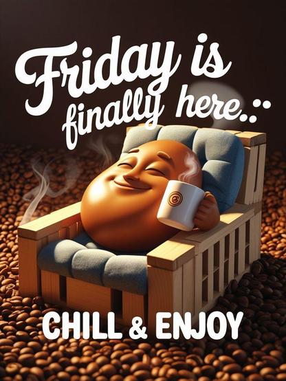 Meme: A coffee bean is relaxing in a chair, relieved that it is finally Friday.