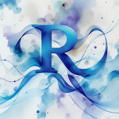 A decorative illustration featuring a large, glossy blue letter “R” at center, surrounded by flowing translucent ribbon shapes and watercolor-like splashes in shades of blue, teal, and violet on a white background.