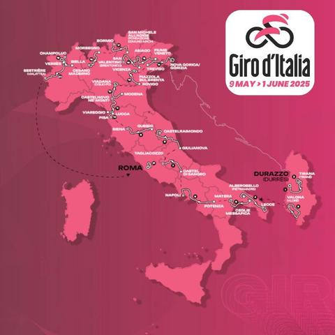 A map of Italy highlighting the route for the Giro d'Italia cycling race scheduled from May 9 to June 1, 2025. Key locations and stages are marked in pink, with notable cities and the starting point in Roma indicated.