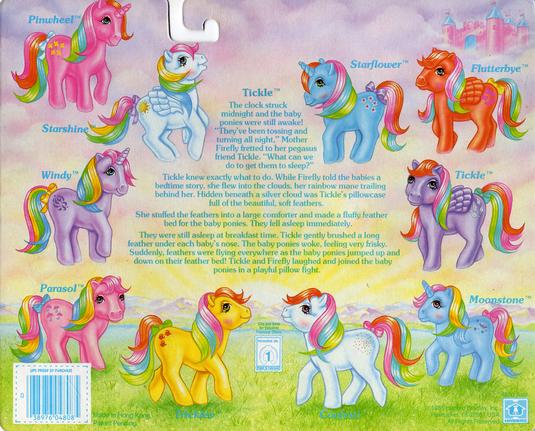 The clock struck midnight and the baby ponies were still awake! "They've been tossing and turning all night," Mother Firefly fretted to her pegasus friend Tickle. "What can we do to get them to sleep?"

Tickle knew exactly what to do. While Firefly told the babies a bedtime story, she flew into the clouds, her rainbow mane trailing behind her. Hidden beneath a silver cloud was Tickle's pillowcase full of the beautiful, soft feathers.

She stuffed the feathers into a large comforter and made a fluffy feather bed for the baby ponies. They fell asleep immediately.

They were still asleep st breakfast time. Tickle gently brushed a long feather under each baby's nose. The baby ponies woke, feeling very frisky. Suddenly, feathers were flying everywhere as the baby ponies jumped up and down on their feather bed! Tickle and Firefly laughed and joined the baby ponies in a playful pillow fight.