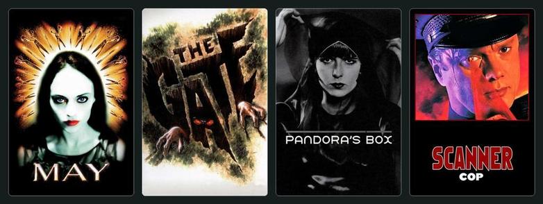 movie posters for the following films:
May (2002)
The Gate (1987)
Pandora's Box (1929)
Scanner Cop (1994)