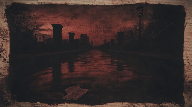 Silence Cramoisi
Rue déserte noyée dans un ciel rouge sombre, jonchée d’un vieux journal détrempé, encadrée de colonnes fantomatiques et de typographies effacées.
Deserted street under a dark crimson sky, strewn with a soaked newspaper, framed by ghostly pillars and faded typographic traces.