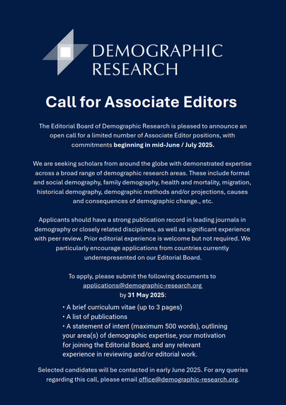 Call for Associate Editors at the online journal Demographic Research. Deadline: May 31, 2025. Applications to be sent to  applications@demographic-research.org