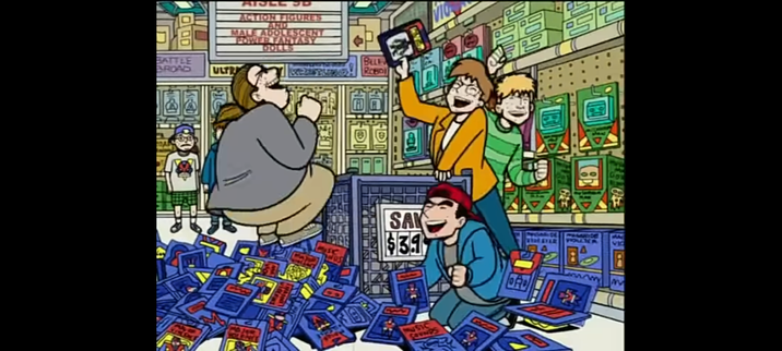 The original screenshot. It contains four guys who trashed a toy section in a store to find one action figure/movie. The guys are cheering because they found the item in the sale bin.