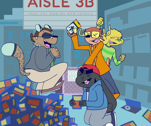 The screenshot, except the characters are now anthropomorphic animals. Josh is a margay, Bill is the deer, Jerry is the dog, and Pete is a rabbit