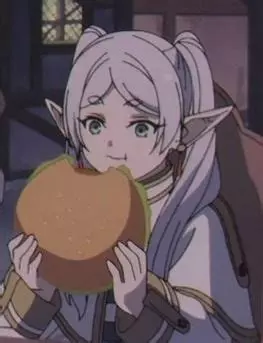 Frieren eating GIGANTIC burger.