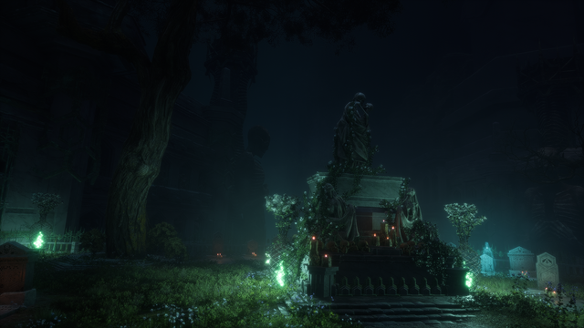 The Necropolis Gardens from Dragon Age Veilguard. They're dark and gloomy, lit by green lanterns. The central statue shows two skeletons embracing.