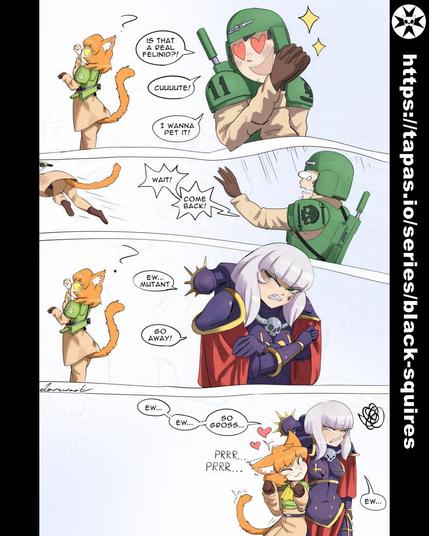 Warhammer 40k comic strip with a cat kemonomimi character (felinid)