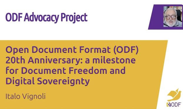 Image of first slide from presentation about the 20th anniversary of ODF, and the ODF Advocacy Project
