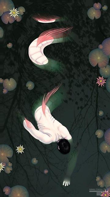 A pale man with pinkish fins swimming face down through murky green water covered in lily pads.