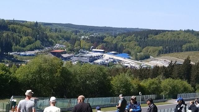 View of the pits of Spa Francorchamps taken from far away, from the Kemmel straight.