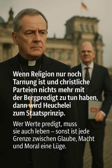 Wenn Religion nur noch Tarnung ist und christliche Parteien nichts mehr mit der Bergpredigt zu tun haben, dann wird Heuchelei zum Staatsprinzip.
Wer Werte predigt, muss sie auch leben - sonst ist jede Grenze zwischen Glaube, Macht und Moral eine Luge.🖖