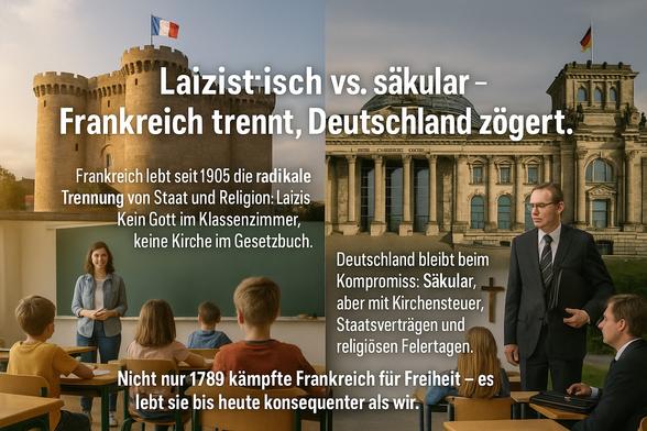 Laizistisch vs. sakular - Frankreich trennt, Deutschland zögert.

Frankreich lebt seit 1905 die radikale Trennung von Staat und Religion: Laizis
Kein Gott im Klassenzimmer, keine Kirche im Gesetzbuch.

Deutschland bleibt bein Kompromiss: Säkular, __ aber mit Kirchensteuer, Staatsverträgen und religiösen Felertagen.

Nicht nur 1789 kämpfte Frankreich für Freiheit - es ebt sie bis heute konsequenter als wir.🖖