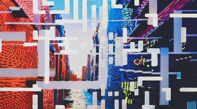 Dieses Bild zeigt drei Bilder einer Straße. Es ist sehr abstrakt. Über dem Bild liegen verschiedene Formen, die so angeordnet sind, dass sie wie QR-Code-Symbole aussehen. Diese sind in weiß/blauen Farben gehalten und überschneiden sich gegenseitig. Das erste Bild ist klar, aber das zweite ist etwas verpixelt, und das letzte Bild ist sehr verpixelt.
