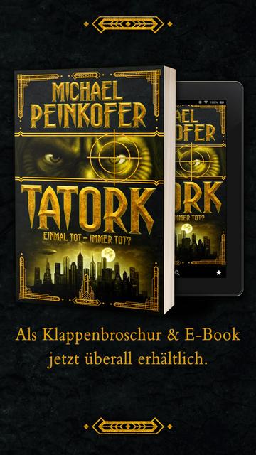 Teilbild aus dem Insta-Reel. Man sieht Print- und E-Book-Mockups des Buches TATORK von Michael Peinkofer.