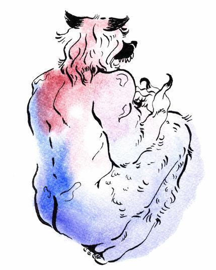 Dessin à l'aquarelle et à l'encre sur fond blanc d'une personne à tête de loup et aux cheveux mi longs agenouillé de dos, aux mains griffues et pattes poilues, accents à l'encre bleue et rose