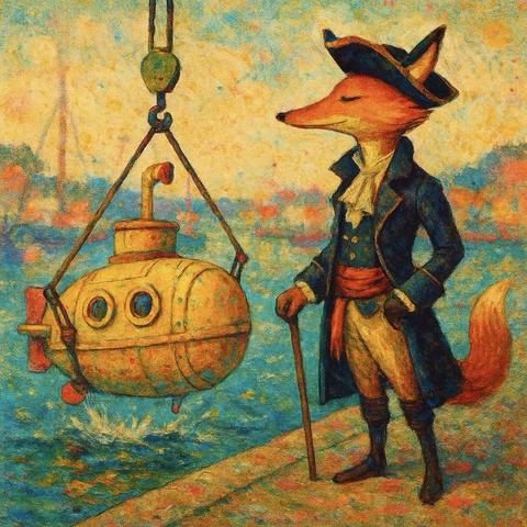 KI-Bild (NightCafe: GPT1 High via NightCafe):

Fritz im Piratenoutfit an der Hafenmole. Er überwacht, wie das kleine gelbe U-Boot - hier noch am Kran hängend - zu Wasser gelassen wird. Dann kann er in Ruhe noch mal alles prüfen und probefahren, bevor es spätestens Montag auf seinem Schiff verstaut wird.
