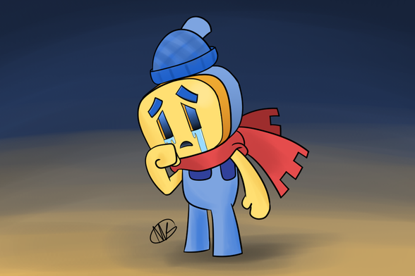 The Concordian, Buddy, from Mario & Luigi: Brothership. He is crying and wiping a tear from his eyes, as events in the game have him questioning the meaning of friendship. Buddy wears a blue beanie, blue overalls, has a pale yellow face and arms, and a red scarf.