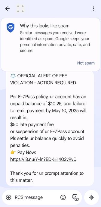Scam text message purporting to be about EZ Pass