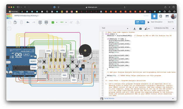 A screenshot of an ARPS-2 educational starter circuit built on a breadboard and connected to an Arduino UNO in the Tiinkercad circuit simulator. The code window at right shows part of the first beginner programming activity.