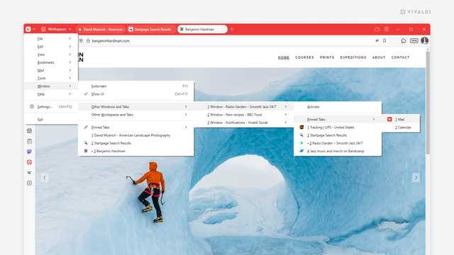 Vivaldi browser window. The main menu is open showing a path to a pinned tab open in another window.