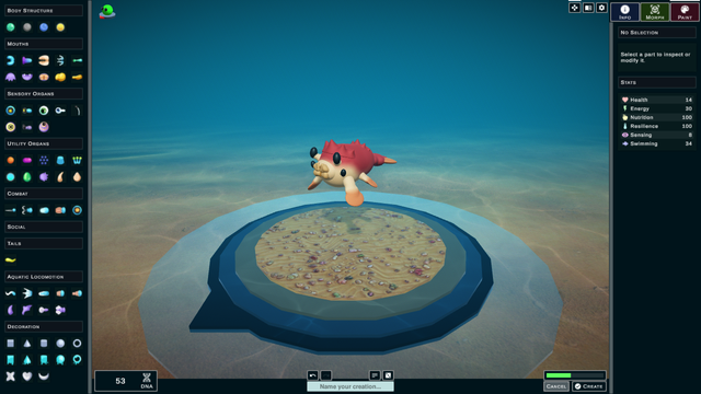 The aquatic creature editor, rendered on a big screen with small UI settings. The creature part list on the left side of the screen can display more parts at once than usual.