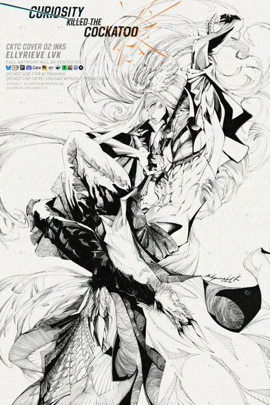 Inked cover art of a vaguely depressed Cockatoo woman grasping an over-decorative shovel. Art and Story by Ellyrieve LVK, all rights reserved.