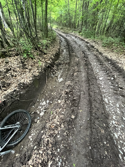 Same track, wider perspective, deeply eroded topsoil and rocks at the bottom visible.