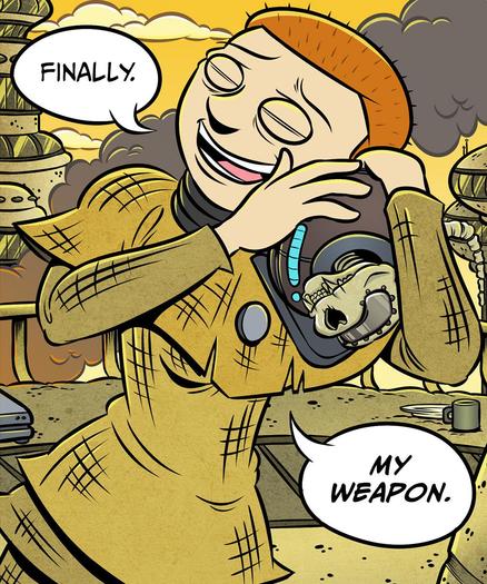 Farmella, a terrorist with close-cropped red hair in homespun clothing caresses a memebomb containing the remains of the organic cat computer that comprised the logic systems at some point in the distant past