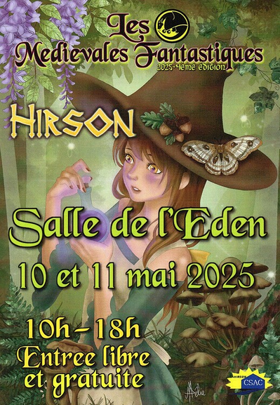L'affiche du festival: une druide au large chapeau ( avec plante et papillon dessus ) entrain d'examiner une fiole violette