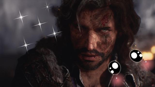 A screenie from the game Clair Obscur: Expedition 33 of the character Verso, a white man with dark, midlength wavy hair and a few streaks of gray through it. He has a short cut beard and so scruff. He is bloodied and dirty, staring determinedly off just past the camera.

Atop the screenshot are stickers added, including a sparkle effect next to Verso and a little blushing face at the bottom right of the image.