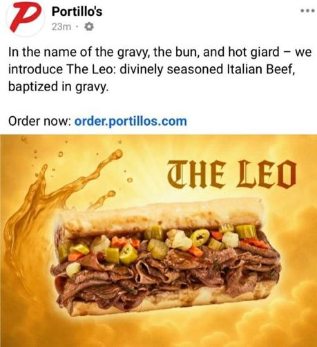 Portillo's restaurant ad with a photo of a beef sandwich named The Leo, in honor of the new Pope.