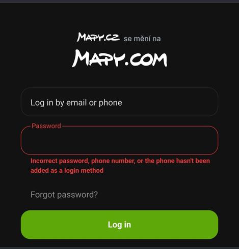 Mapy.com login screen with invalid password error message