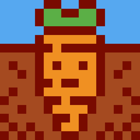 Pixel picture of a fat carrot seen under and above the ground is planted in, the carrot has a little face and it's looking at you!