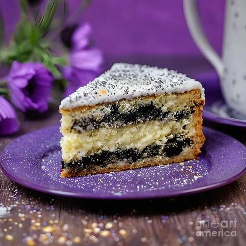 Poppy cake decorated with powdered sugar is placed on a purple plate, with purple flowers in the background and a cup of coffee, sprinkled with fine sugar and poppy seeds. It is a simple sponge cake where you layer a layer of sponge cake, a layer of poppy seed filling. Very soft and delicious. You can also mix in nuts or just some fruit in the same way.