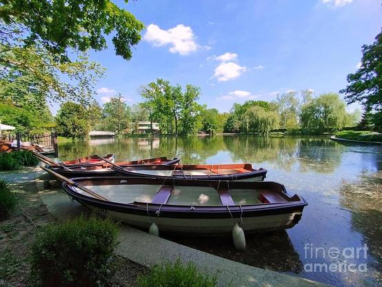 Moored boats gently rest along the edge of a serene lake surrounded by lush greenery. The clear blue sky with fluffy clouds adds a tranquil atmosphere to the peaceful scene.