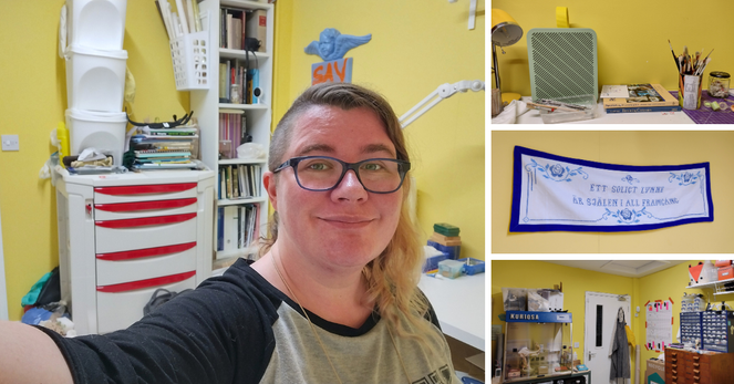 A collage of four photos, all taken in sunshine yellow rooms:

On the left is a selfie of a white woman in her late 30s, with half her hair buzzcut short and remaining long on the other side of her head. She's smiling a little tiredly, and is wearing chunky glasses and a black-and-grey top. In the background you can sort of make out a tool chest in beige and red, several white plastic boxes, stacks of books and catalogues, a bin full of rolls of paper, a tall bookshelf full of literature, a blue cherub, the arm of a lamp, and a smidge of desk.

On the top right is another workbench with a yellow lamp, a green air filter, some books and tools, a purple cutting mat with more clobber on it, and a tin full of brushes.

Middle right is a blue and white embroidery in Swedish from my long-dead grandmother: it reads approximately "a sunny disposition is the sign of a successful soul" and is my little reminder that loving what I do is actually more important than all the other bollocks.

Bottom right is a view of the other workroom: a fume cupboard, a white door laden with aprons, a planner, a recycling box, cabinets and drawers, mainly.
