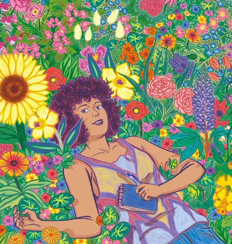A black woman is lying in the middle of a lush flower field. She is surrounded by sunflowers, roses, lupins and over colored flowers. She is holding a pen and a notebook in her left hand. That picture was drawn by hand before being digitally colorized.