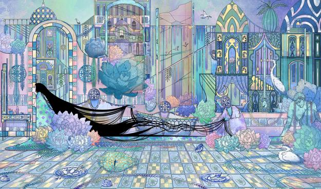 The illustration shows a pale woman with long black hair sitting in front of a mirror. There are people behind her holding and brushing her hair. There are flowers around the woman and behind the wall in the middle ground. There’s a statue of a man on the right and some flowers and herons near it. There are broken plates and vases in the foreground. There are eggs in some plates. In the background there are buildings that connect to each other. The artwork is mostly pastel with pinks, blues, turquoise and purples.