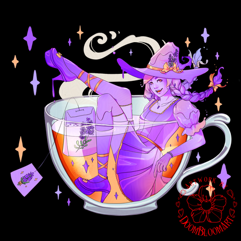 A witch made of purple liquid, wearing a big witch hat, braided hair and a cutesy dress, sitting playfully inside a glass tea cup filled with golden-colored lavender tea. A tea bag is floating next to hear inside the liquid, some stylized steam is rising from it. Black background, stylized sparkles in the background.