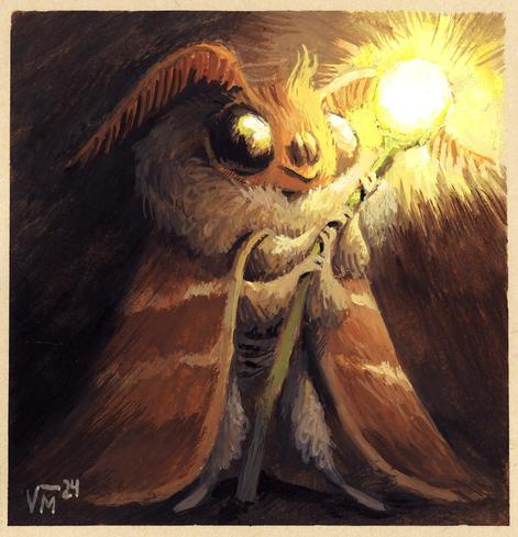 Anthropomorphic moth with light staff, painted in gouache.