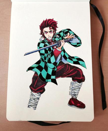 Drawing on paper of Tanjiro from Demon Slayer/Kimetsu no Yaiba.
His posing as if his about to attack you, with his katana on hand.
Pose reference: Demon Slayer -Kimetsu no Yaiba- The Hinokami Chronicles' "meet the characters" part from the Play Station Store