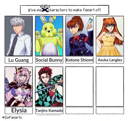 MODIFIED***** Six fanart challenge template with seven empty boxes.
The boxes on the top shelf has the fanart of Lu Guang, Social Bunny, Kotone Shiomi and Asuka Langley.
The first box on the bottom left shelf has the fanart of Elysia and Tanjiro