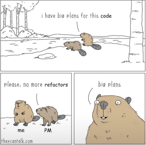 **TL;DR:** A humorous comic about a developer's obsession with refactoring code, much to the dismay of a project manager.

**Extracted Text:**

* "i have big plans for this code"
* "please, no more refactors"
* "me"
* "PM"
* "big plans"
* "theycantalk.com"

**Image Description:**
This is a three-panel comic from "theycantalk.com" featuring cartoon beavers. In the first panel, one beaver says to the other, "i have big plans for this code," as they walk by a river. In the second panel, labeled "me" and "PM," the beaver representing the PM pleads, "please, no more refactors," while the other looks unconcerned. The third panel zooms in on the beaver with a vacant stare, repeating, "big plans." The comic humorously illustrates the developer's endless desire to refactor code versus the PM’s plea to stop.