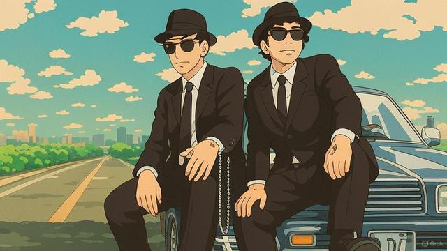 Dan Akroyd & John Belushi, anime style, as the Blues Brothers.