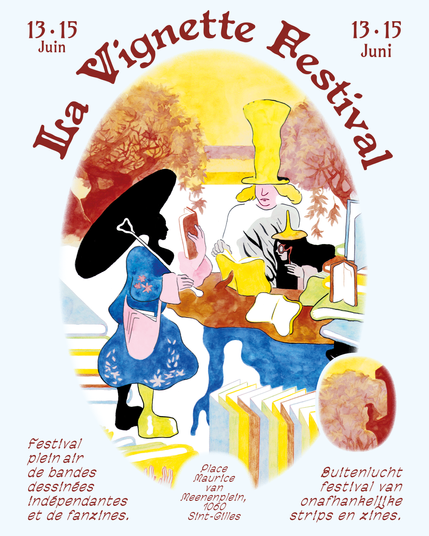 Affiche pour le festival La Vignette. Illustration de personnage en train de lire des livres, avec des grands chapeaux. Dessin à l'encre, illustration incluse dans une forme de médaillon
