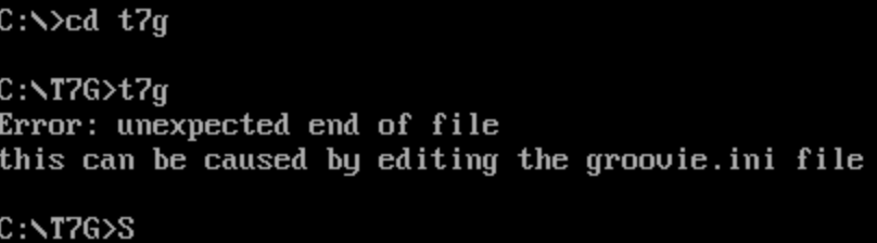 Trying to run The 7th Guest from a DOS prompt, but an error message reads, "Error: unexpected end of file. This can be caused by editing the groovie.ini file."