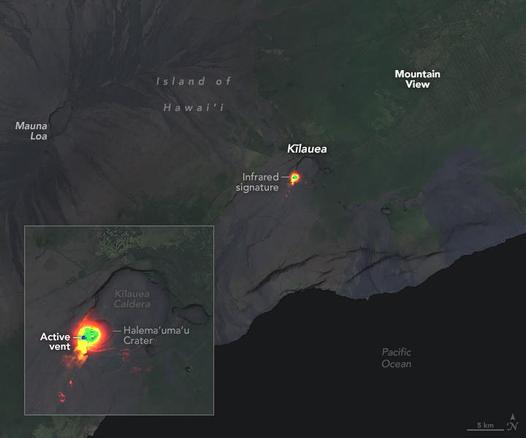 Immagine dal satellite Landsat 9 della NASA, della eruzione del vulcano Kilauea alle Hawaii dello scorso primo maggio duemilaventicinque