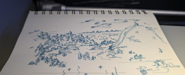 A pen sketch of a hill with surrounding forest. Logging operations are ongoing at the forest's edge. Smoke emerges from stacks dotted all over the hill, as well as multiple entrances at the base of the hill. The silhouette of buildings in the background is marked as village, with a river beyond. Markings for catacombs and a well in the bottom right corner.